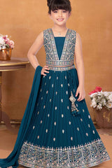 Teal Blue Sequins Work And Embroidered Lehenga Choli For Girls