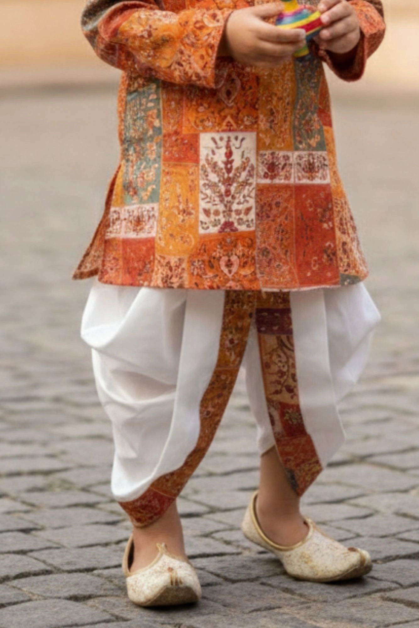 Rust Patchwork Print Festive Kurta Dhoti Set for Boys