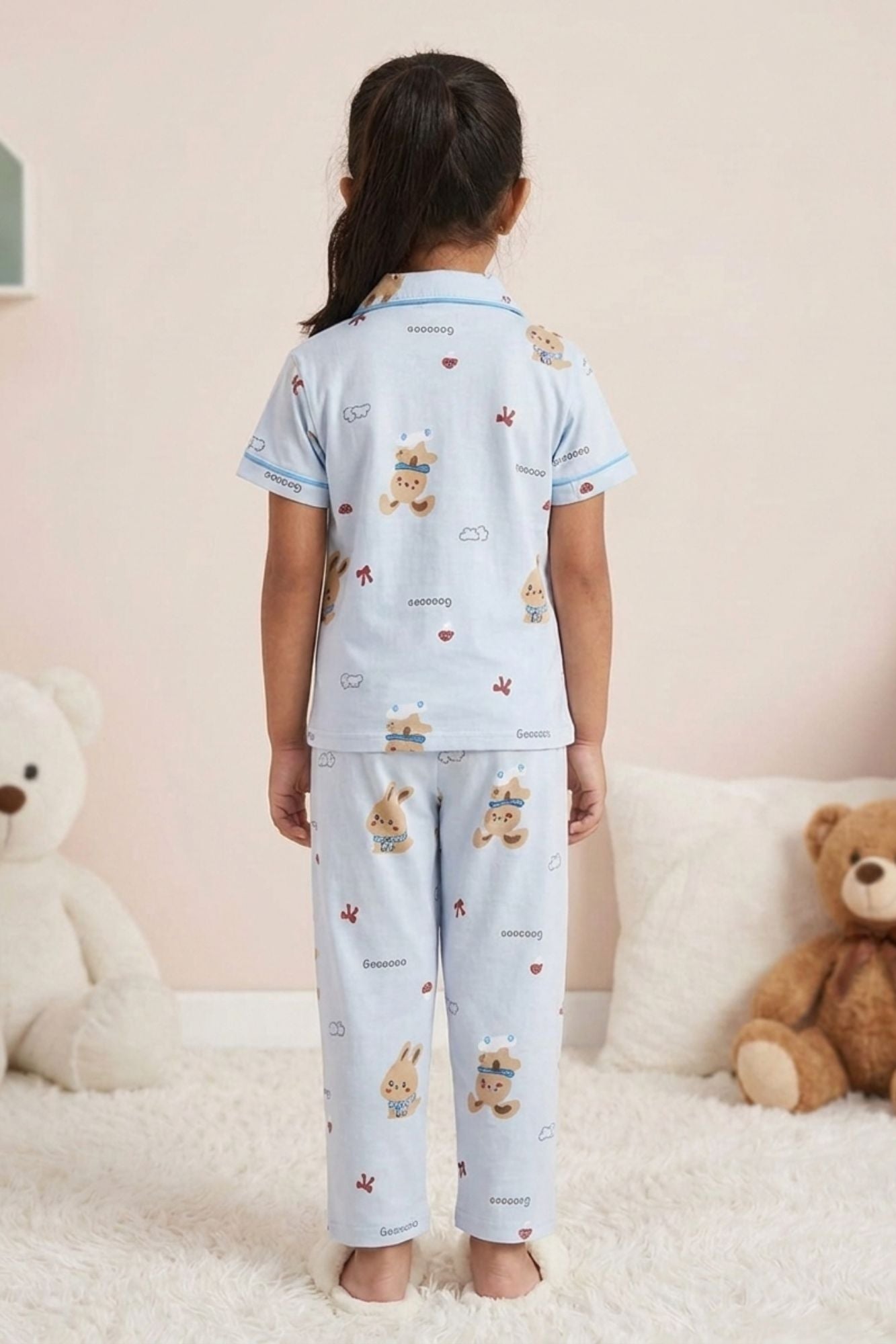 Girls Sky Blue Bunny Print Night Suit Set
