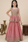 Dusty Pink Zari Embroidered Peplum Top With Lehenga Set For Girls