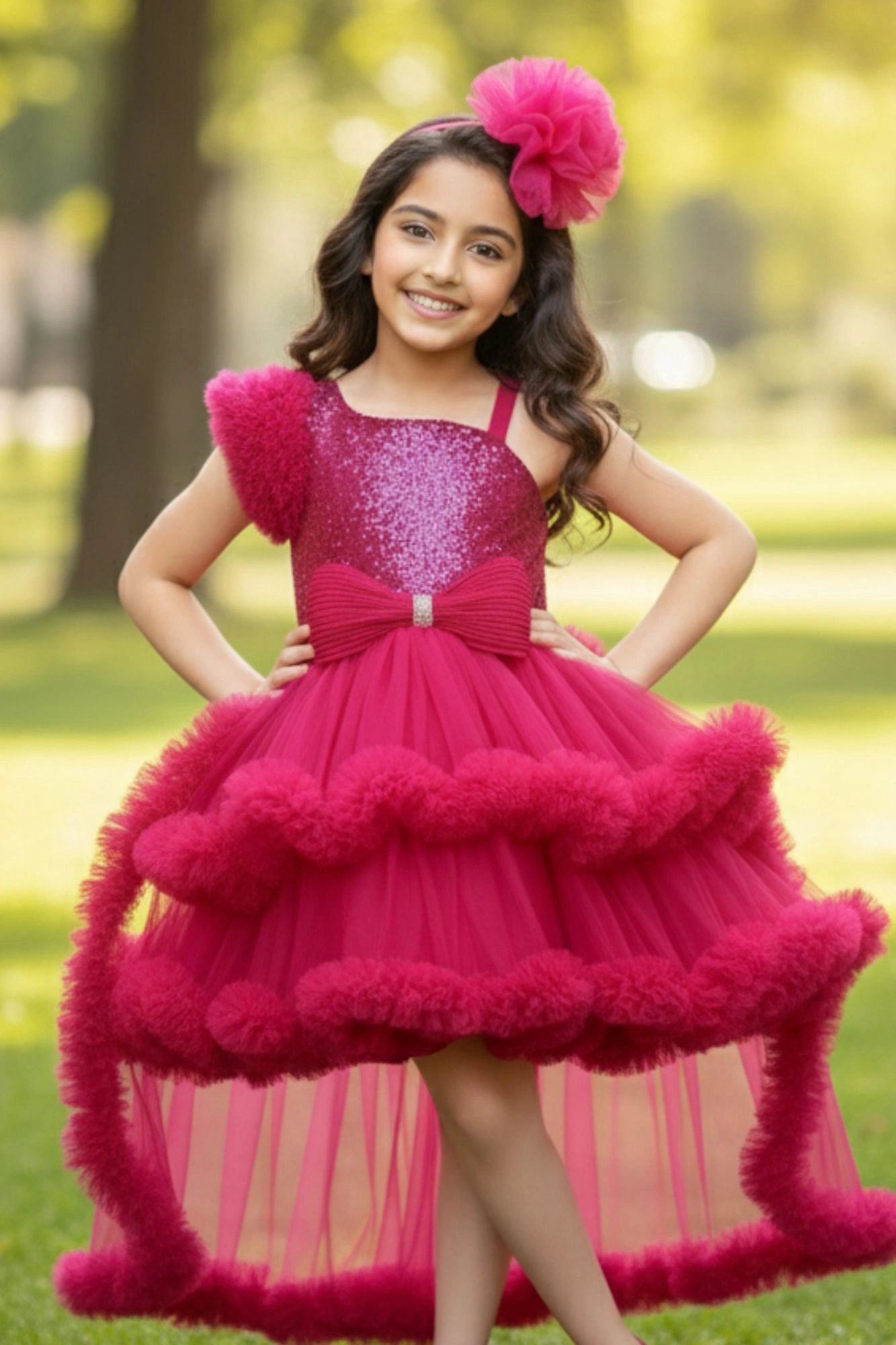 Rani Pink Sequin High-Low Party Dress with Layered Ruffle Hem For Girls