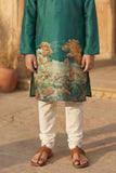 Green Scenic Print Kurta with Cream Pajama Set For Boys