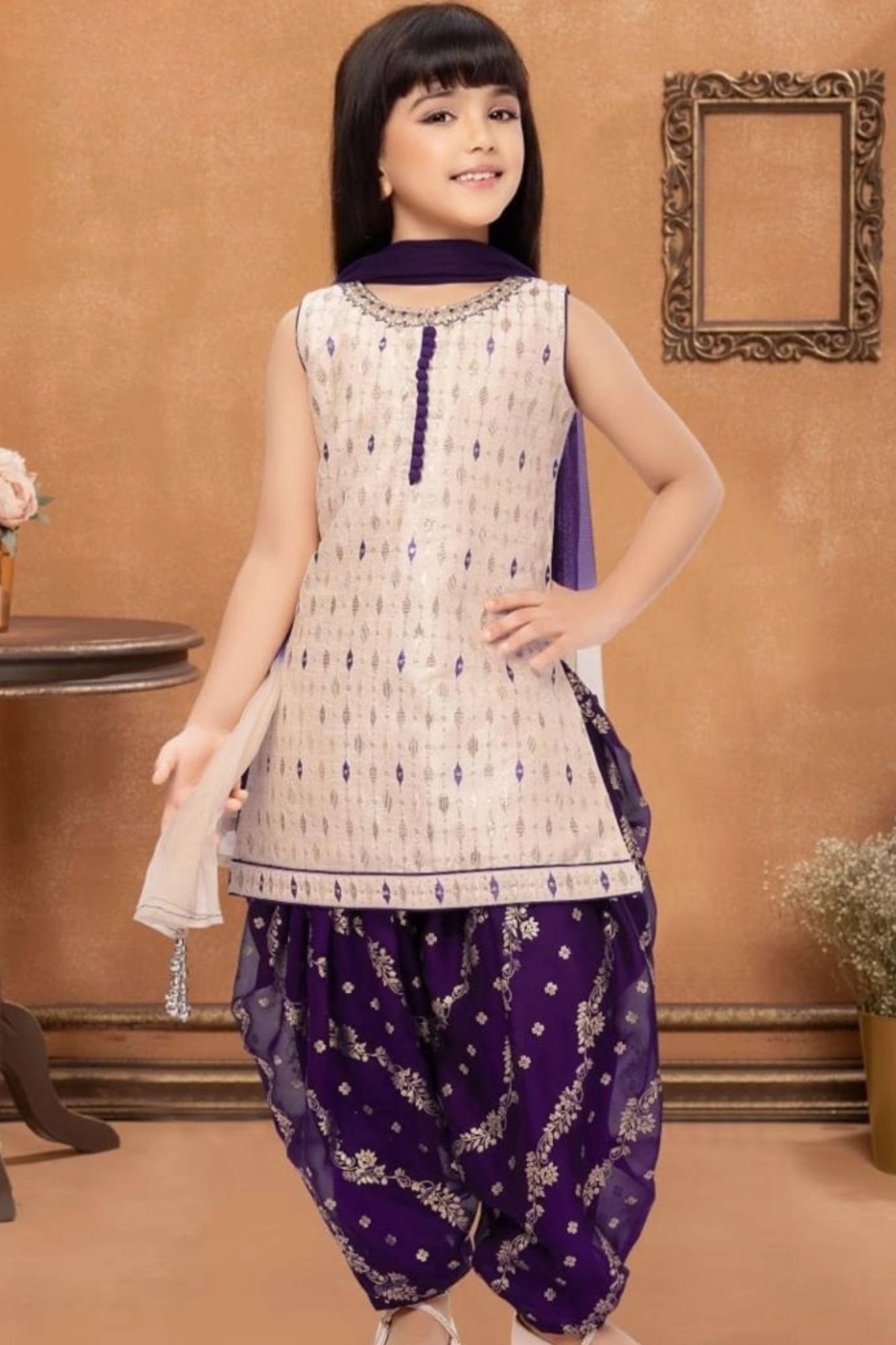 Cream and Purple Patiala Set With Embroidered Kurti And Dupatta For Girls