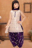 Cream and Purple Patiala Set With Embroidered Kurti And Dupatta For Girls