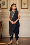 Navy Blue Dhoti Set with Attached Drape For Girls