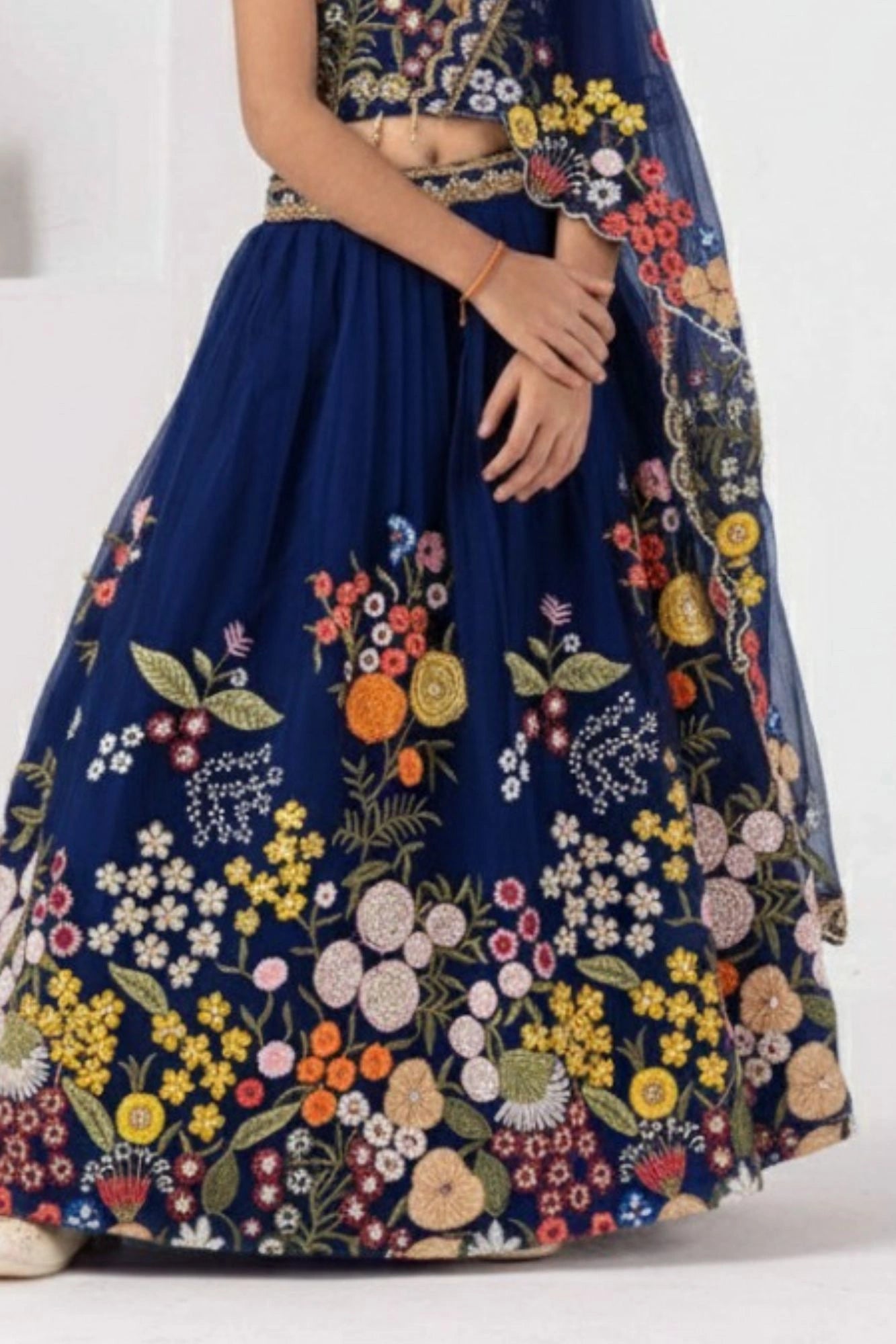 Elegant Navy Blue Embroidered Lehenga Choli with Dupatta For Girls
