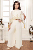 Off White Sequined Top And Palazzo Set For Girls