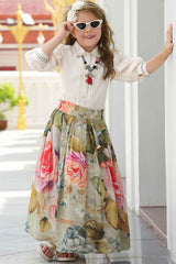 Cream Shirt With Floral Printed Skirt For Girls