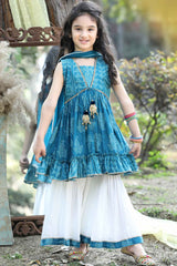 Blue Printed Kurti And White Palazzo With Dupatta Set For Girls