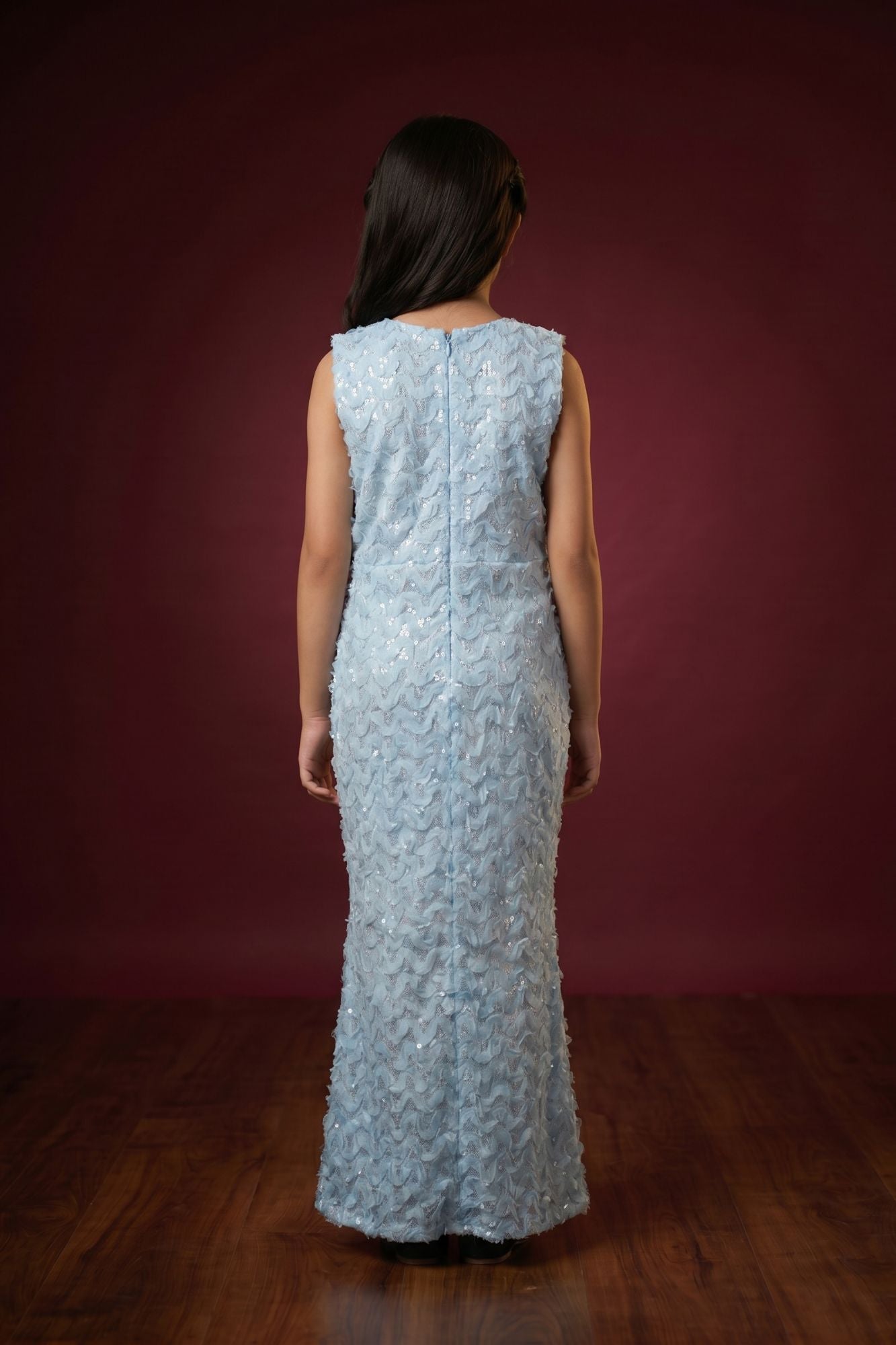Girls Sky Blue Sequins Embellished Mermaid Gown with Textured Lace Detailing