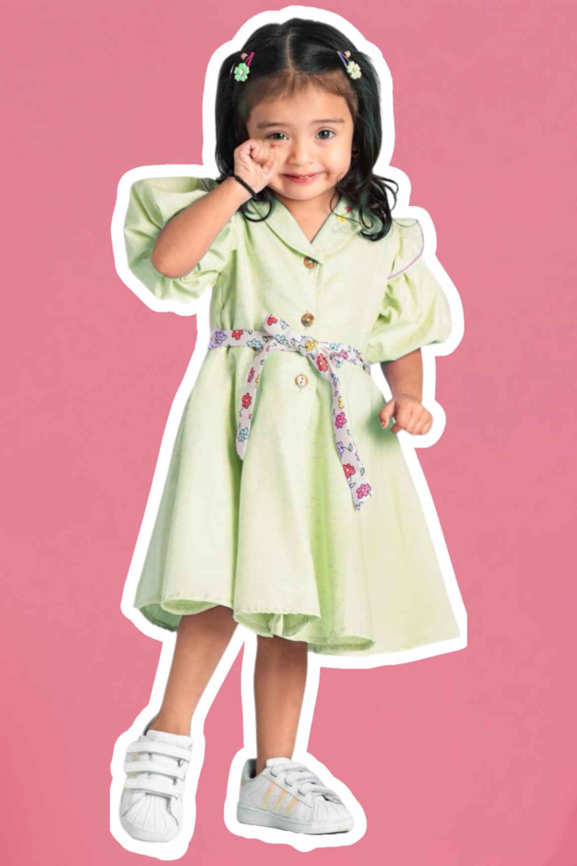 Pista Green Casual Frock With Embroidered For Girls