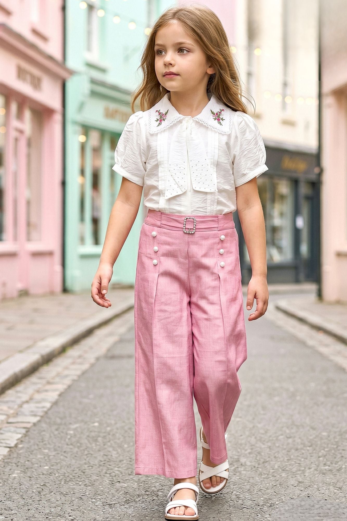 Elegant White Embroidered Shirt And Pink Wide-Leg Co-Ord Set for Girls