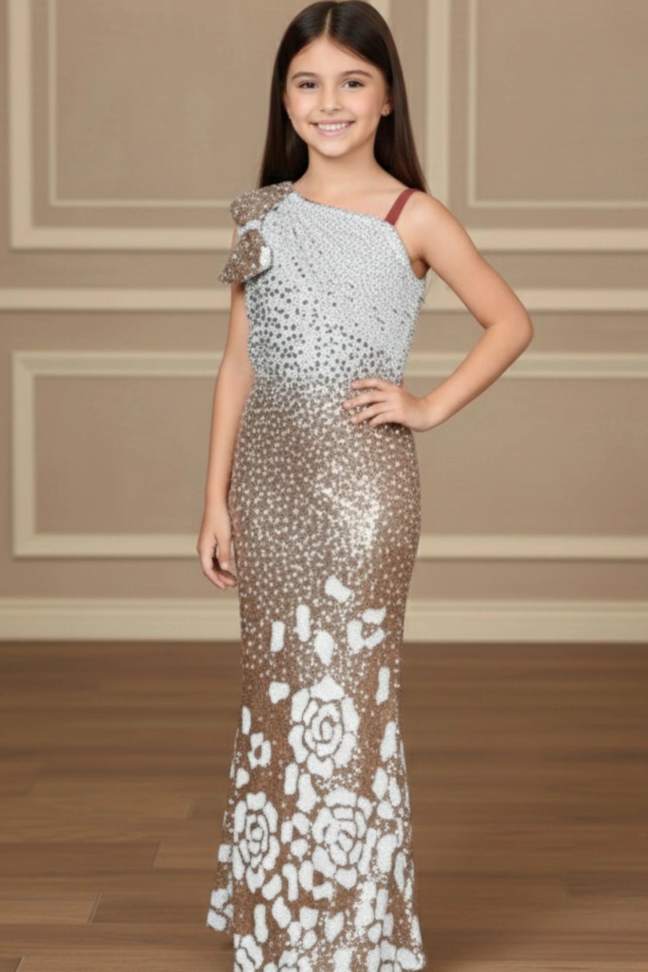 Ombré Gold One-Shoulder Sequin Embellished Mermaid Gown For Girls
