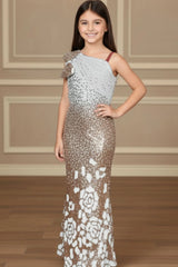 Ombré Gold One-Shoulder Sequin Embellished Mermaid Gown For Girls