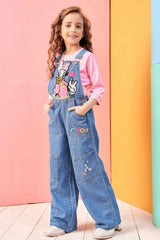 Pink 3/4th Sleeves T-shirt With Cartoon Embroidered Blue Denim Jumpsuit Set For Girls