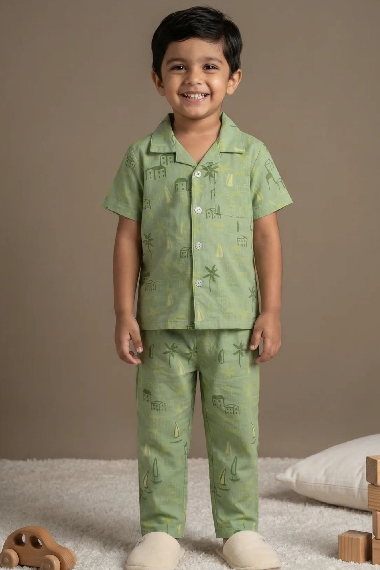 Green Tropical Print Night Suit Set For Boys