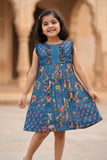 Blue Floral Printed Cotton Frock with Ruffle Yoke For Girls
