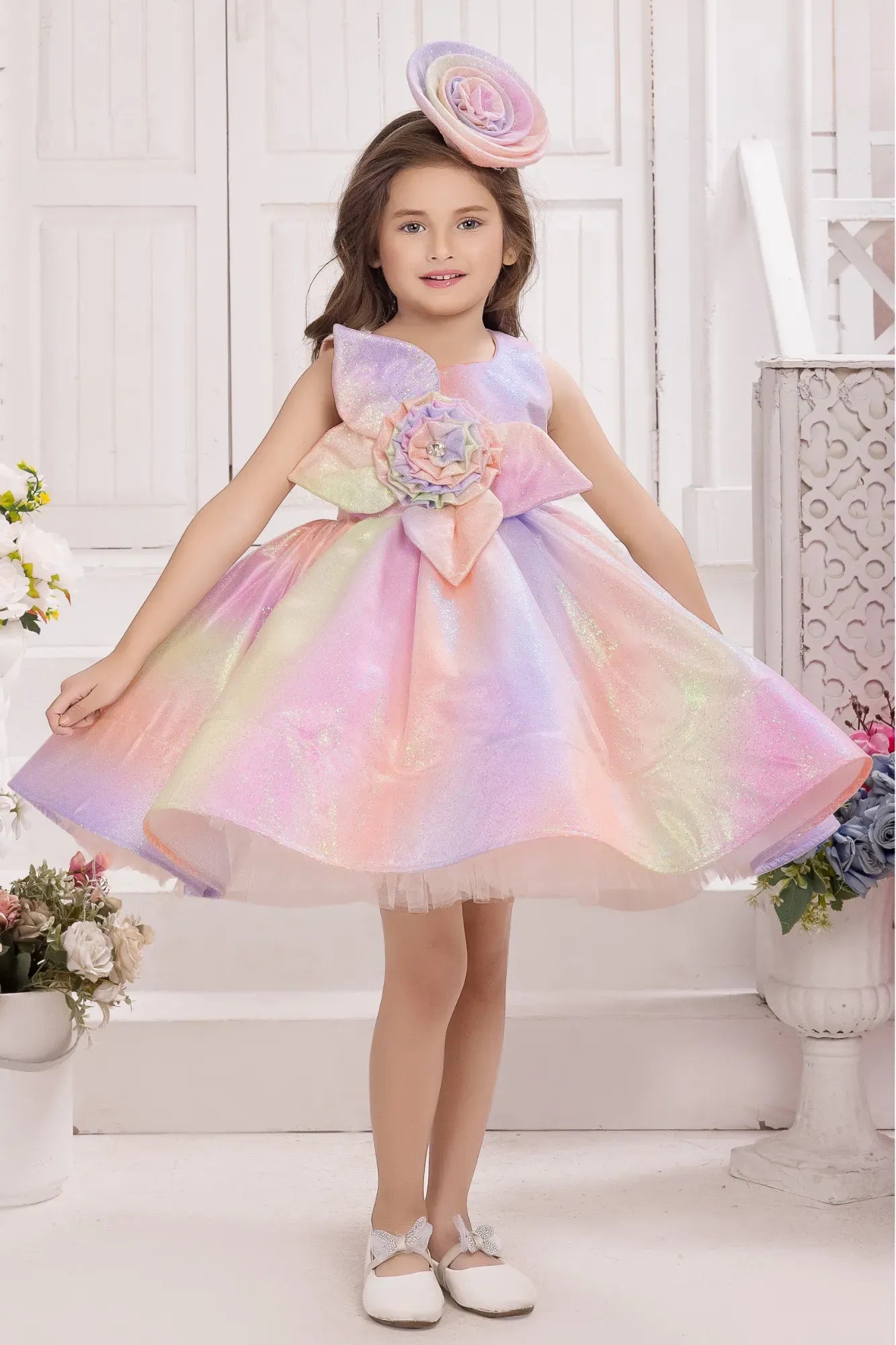 Pastel Rainbow Party Wear Frock With Floral Embellishment For Girls
