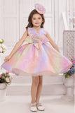 Pastel Rainbow Party Wear Frock With Floral Embellishment For Girls