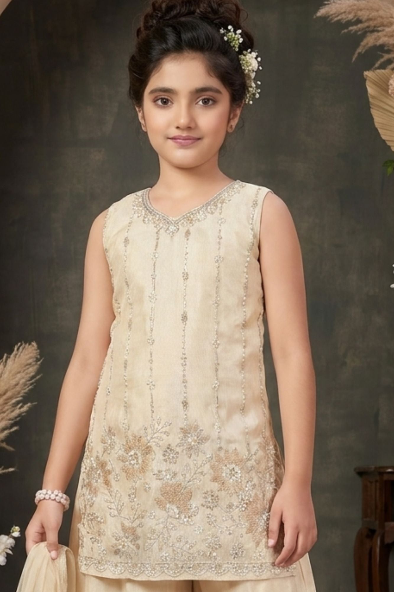 Girls Cream Palazzo Set with Floral Embroidered Kurti And Dupatta