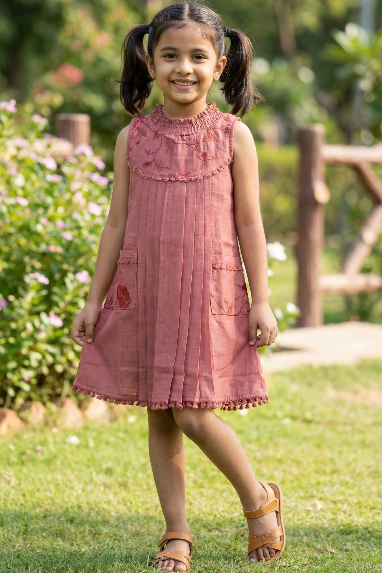 Rust Pink Floral Embroidered Frock For Girls