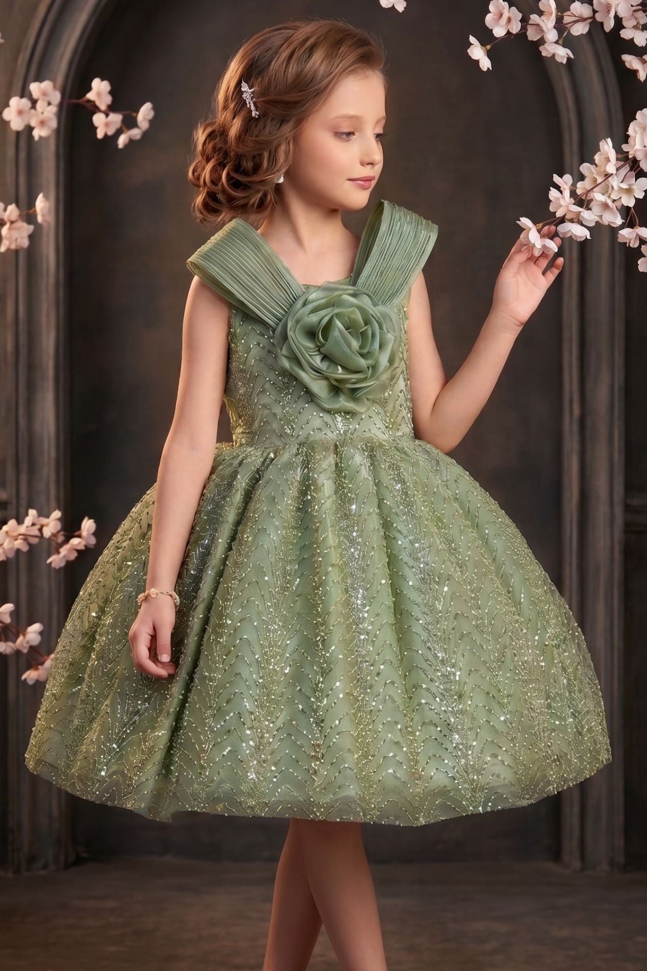 Girls Sage Green Party Wear Frock with 3D Floral Bow And Sequin Detailing