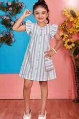 Multicolor Casual Frock With Ruffle Sleeves For Girls