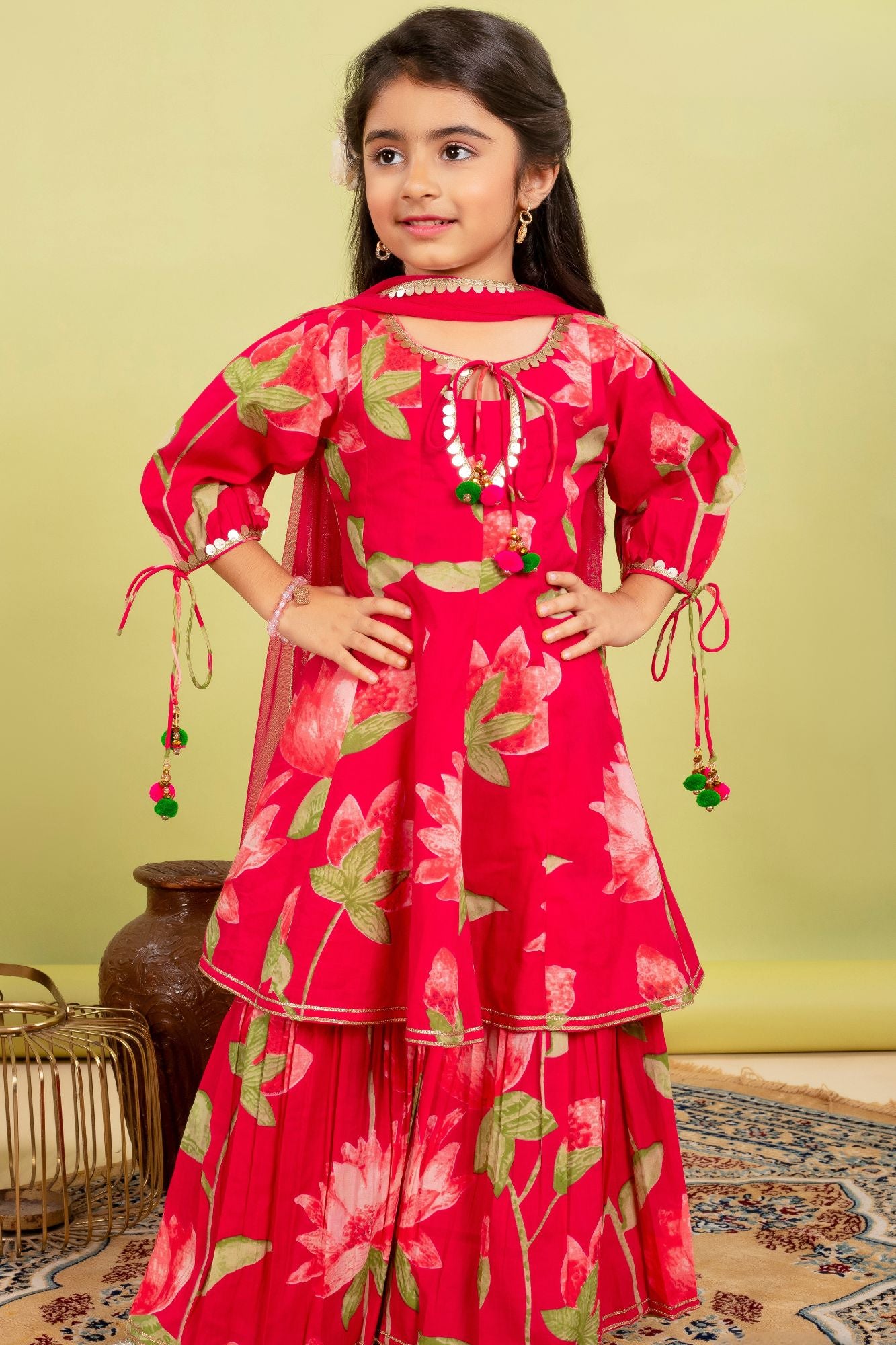Girls Rani Pink Floral Print Sharara Set – Stylish Ethnic Wear