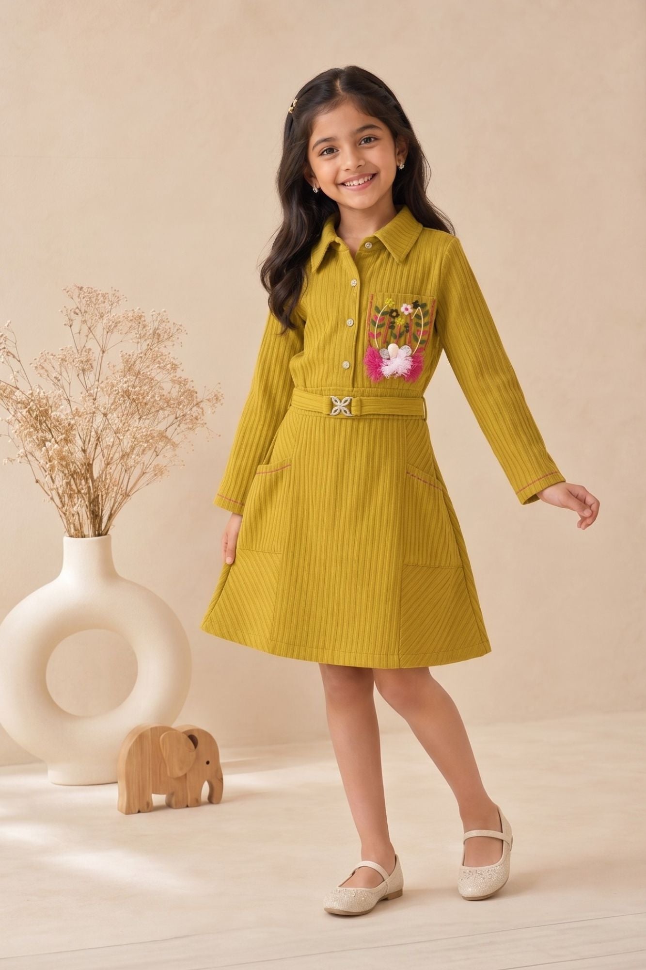 Lime Green Ribbed Dress with Embroidered Pocket