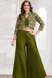 Olive Green Embroidered Palazzo Set with Crop Top & Jacket For Girls