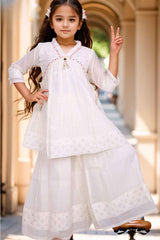 Cream Thread Work And Sequins Work Ethnic Sharara Set For Girls