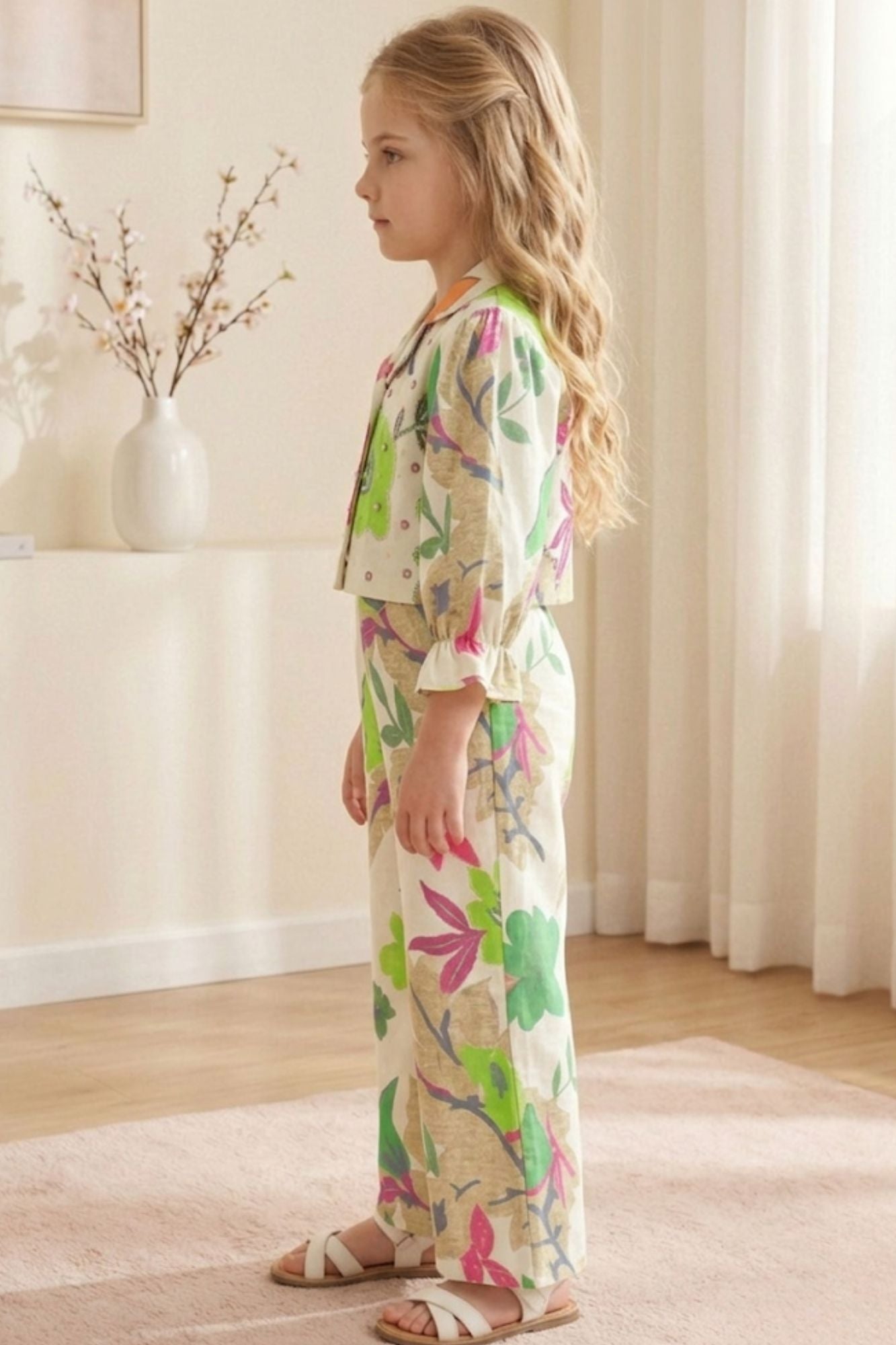 Girls Cream With Floral Printed Casual Co-Ord Set