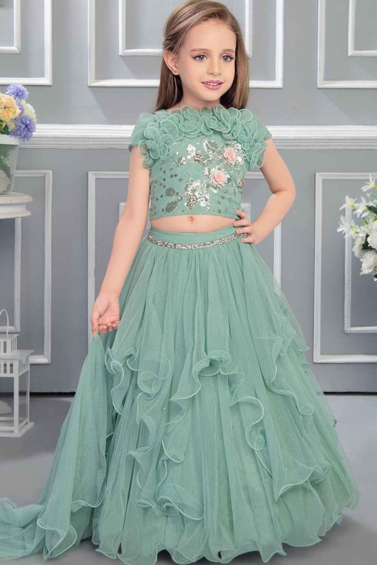 Aqua Blue Floral Ruffle Lehenga Choli For Girls