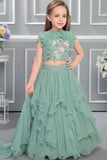 Aqua Blue Floral Ruffle Lehenga Choli For Girls
