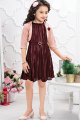 Wine Pleated Satin Dress With Overcoat For Girls