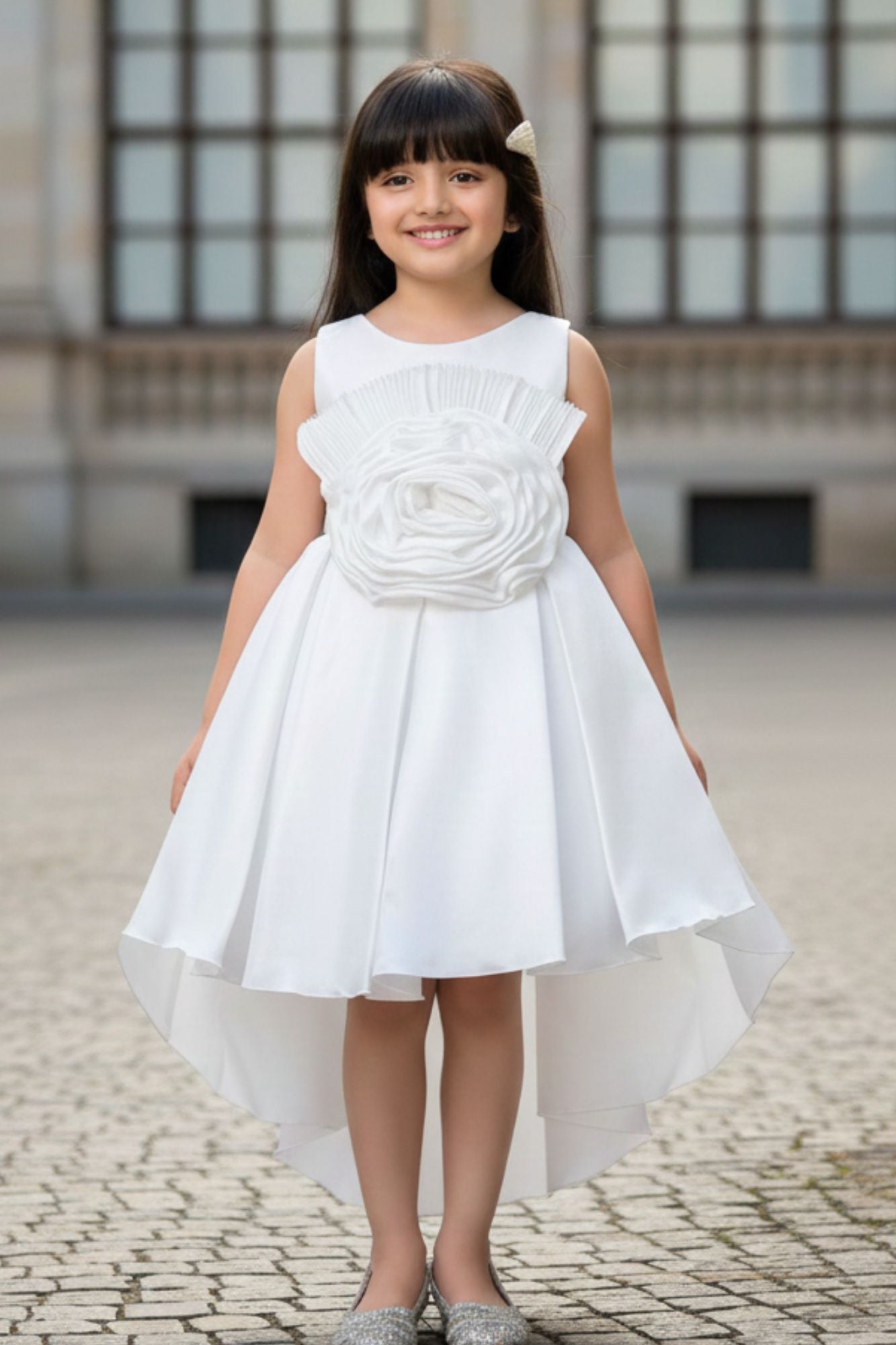 White Tailback Frock With Floral Embellishments For Girls