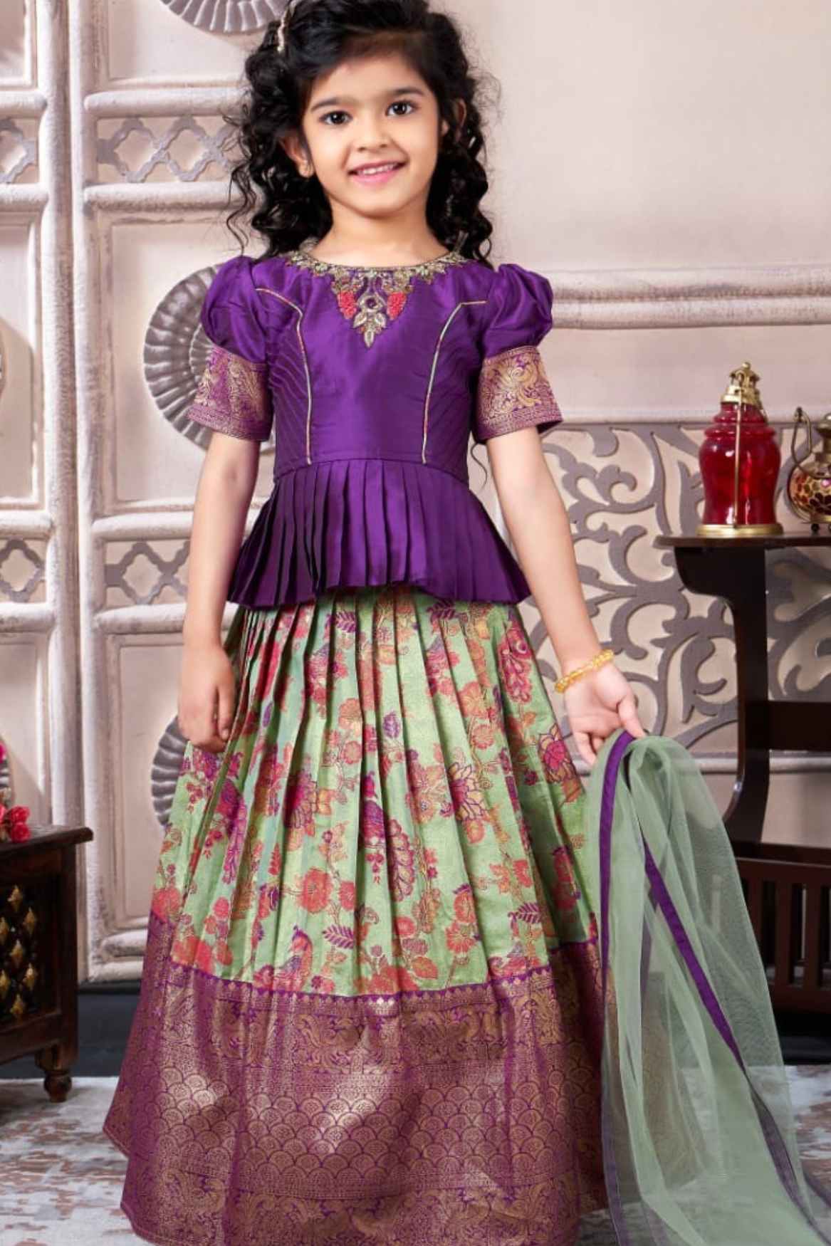 Purple And Mint Green Brocade Pattu Pavadai Set For Girls