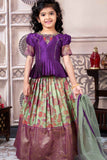 Purple And Mint Green Brocade Pattu Pavadai Set For Girls