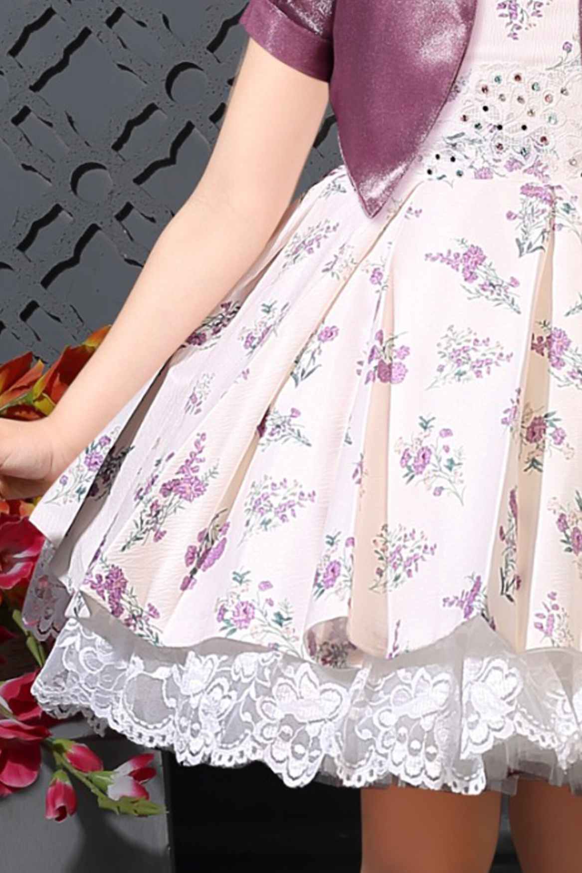 Cream Printed Frock With Puffed Sleeves Overcoat For Girls