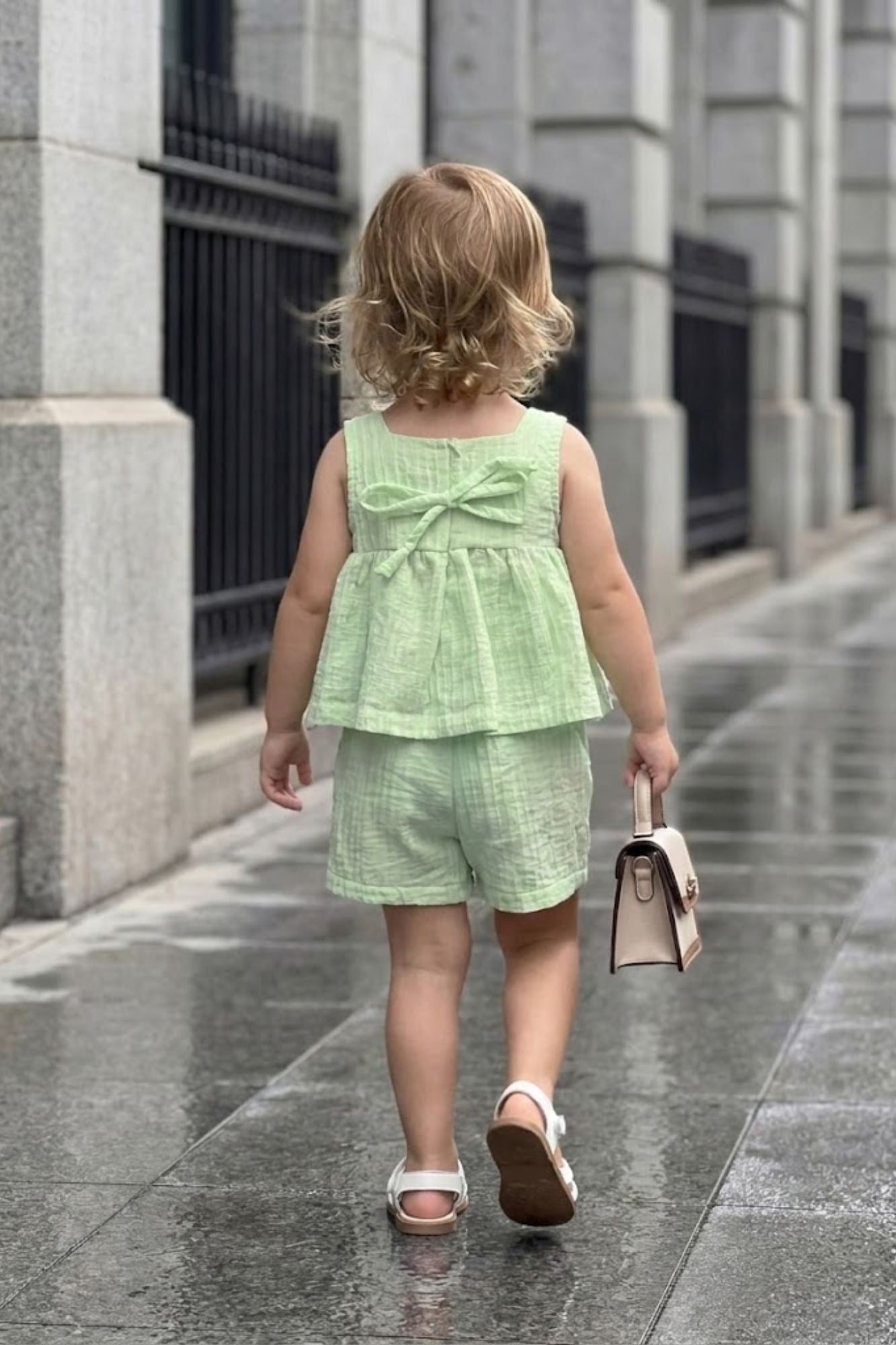 Girls Pastel Green Bow Set with Sleeveless Top and Shorts
