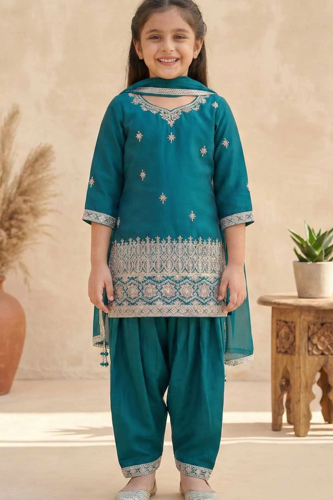 Rama Green Embroidered Patiala Set For Girls