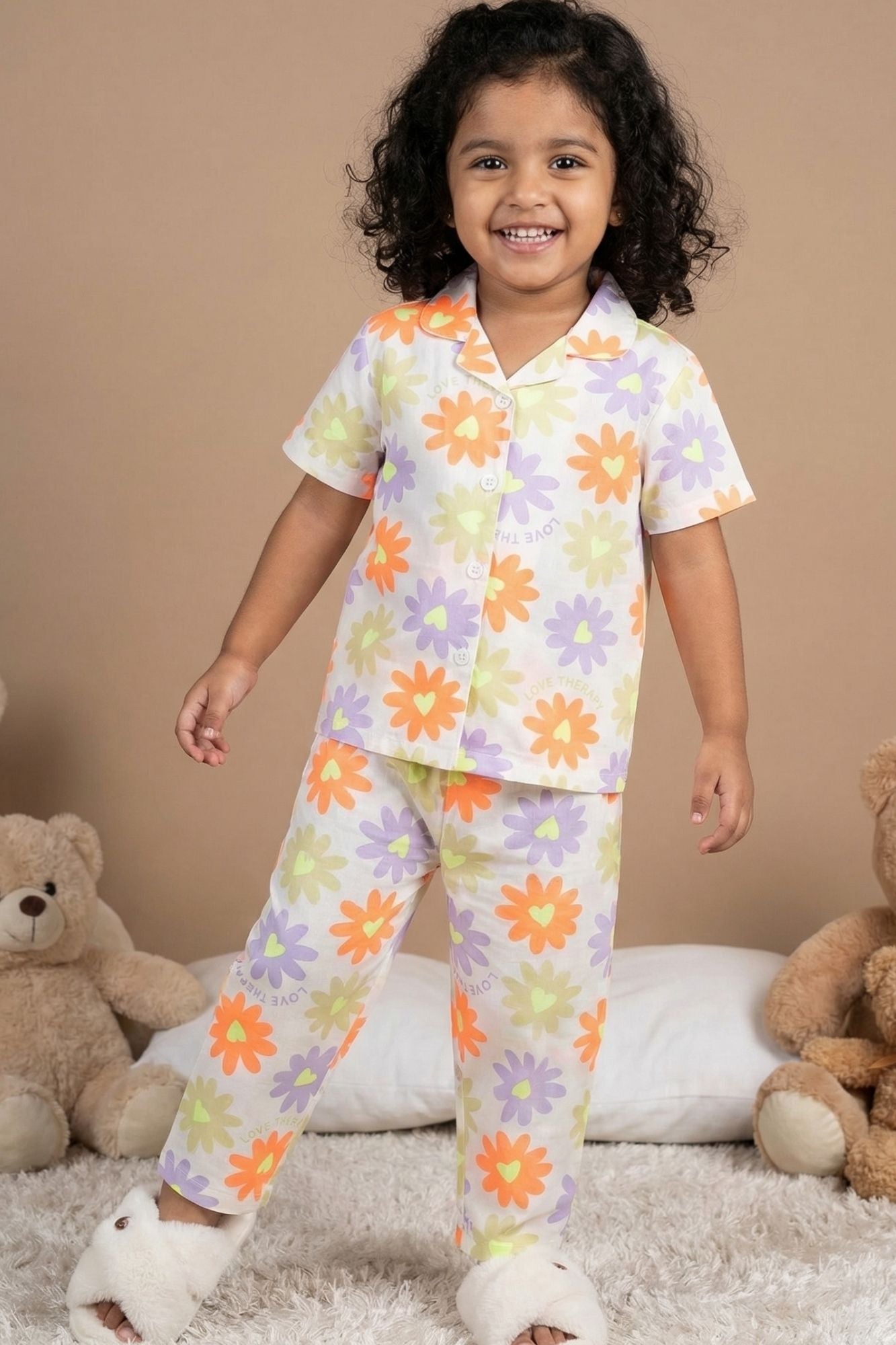 White Multicolor Floral Print Night Suit Set For Girls