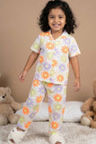 White Multicolor Floral Print Night Suit Set For Girls