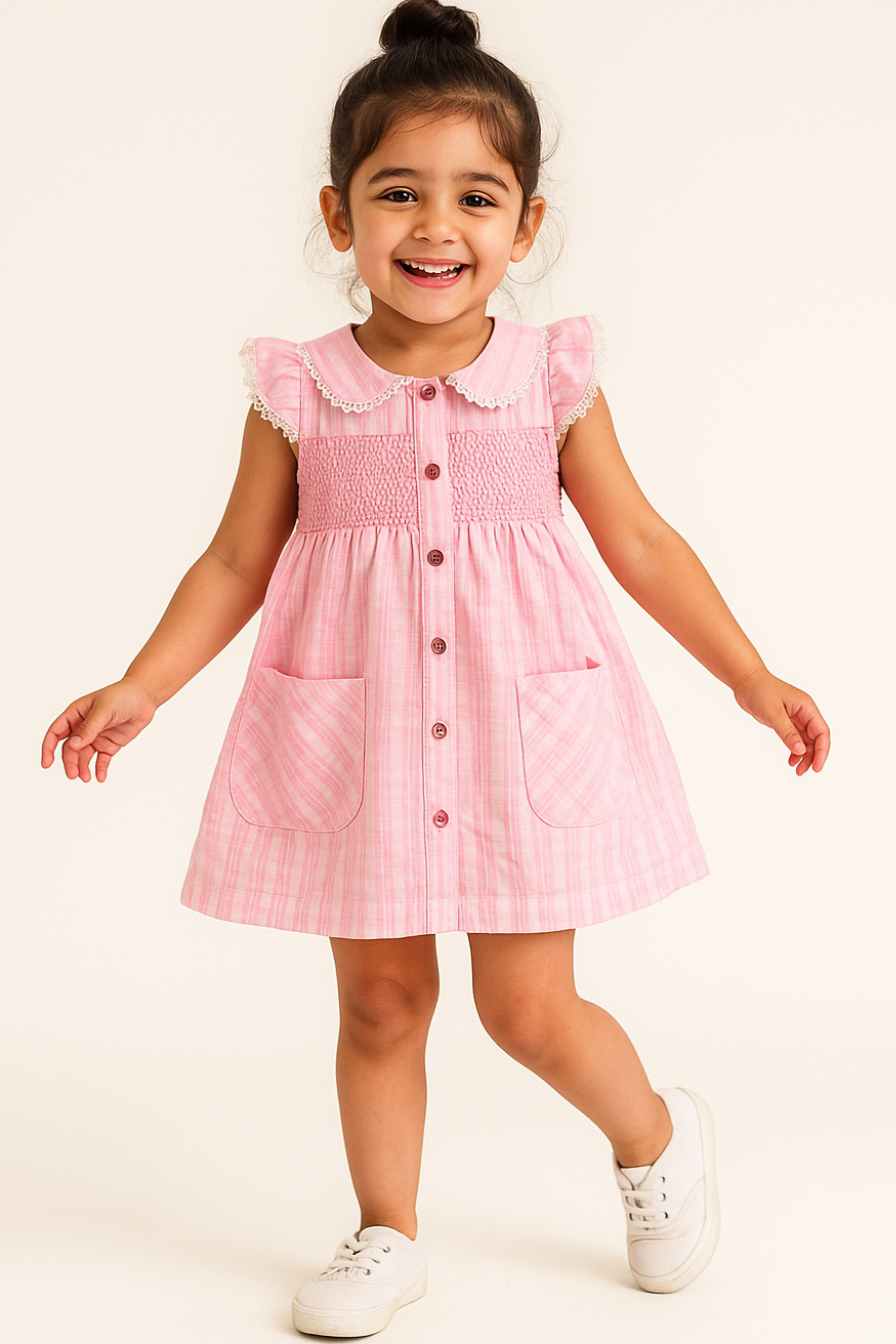Pink Cotton Button Down Day Dress for Girls