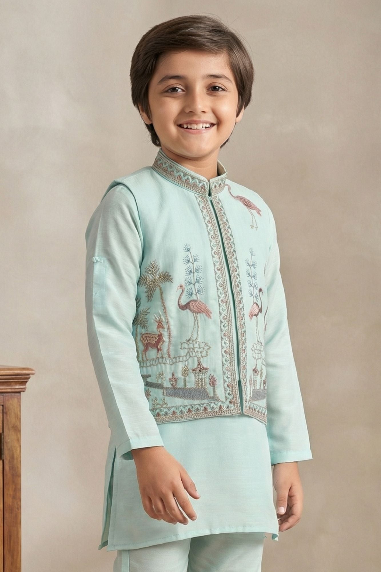 Firozi Embroidered Kurta Set with Nehru Jacket For Boys