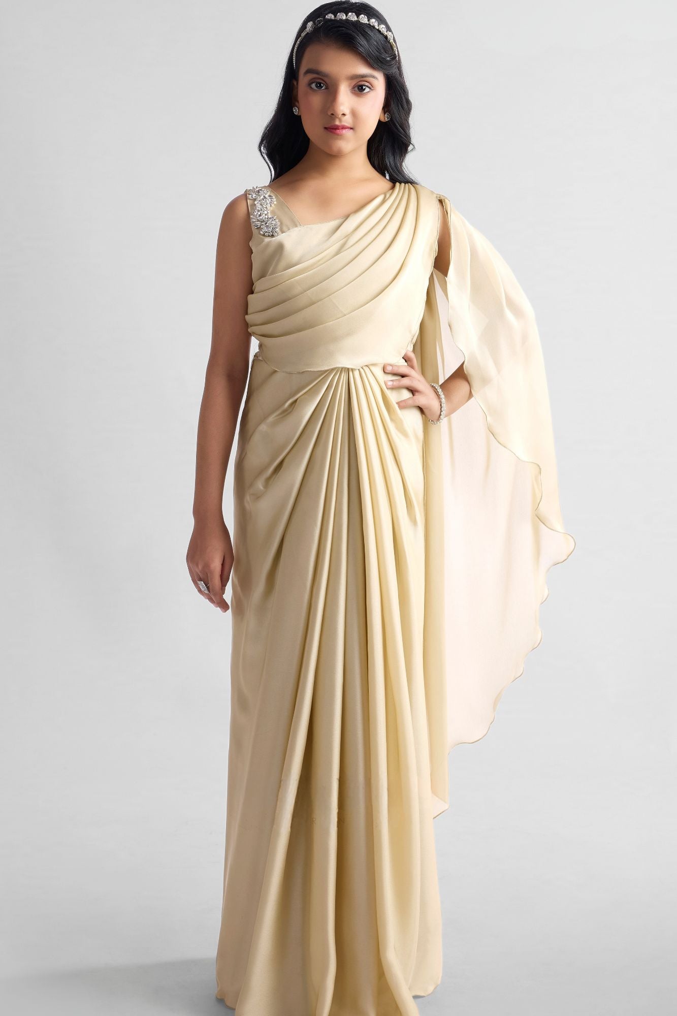 Cream Pre-Draped Saree Gown with Embellished Strap For Girls