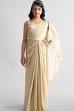 Cream Pre-Draped Saree Gown with Embellished Strap For Girls