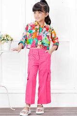 Stylish Pink Printed Top With Pant Set For Girls