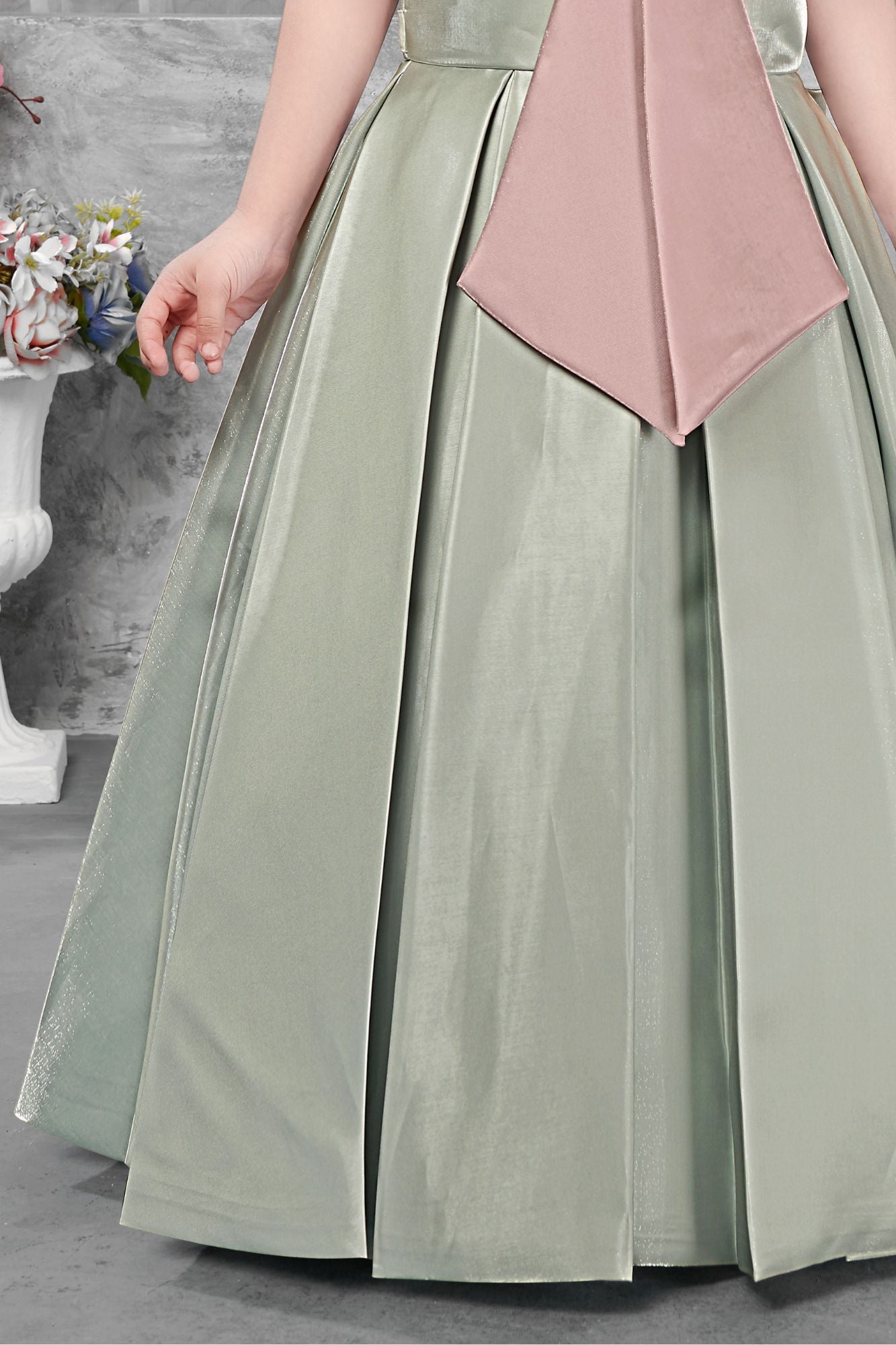 Sage Green Sleeveless Gown with Oversized Dusty Pink Bow for Girls