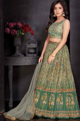 Olive Green Lehenga Choli Set With Printed And Sequin Work For Girls